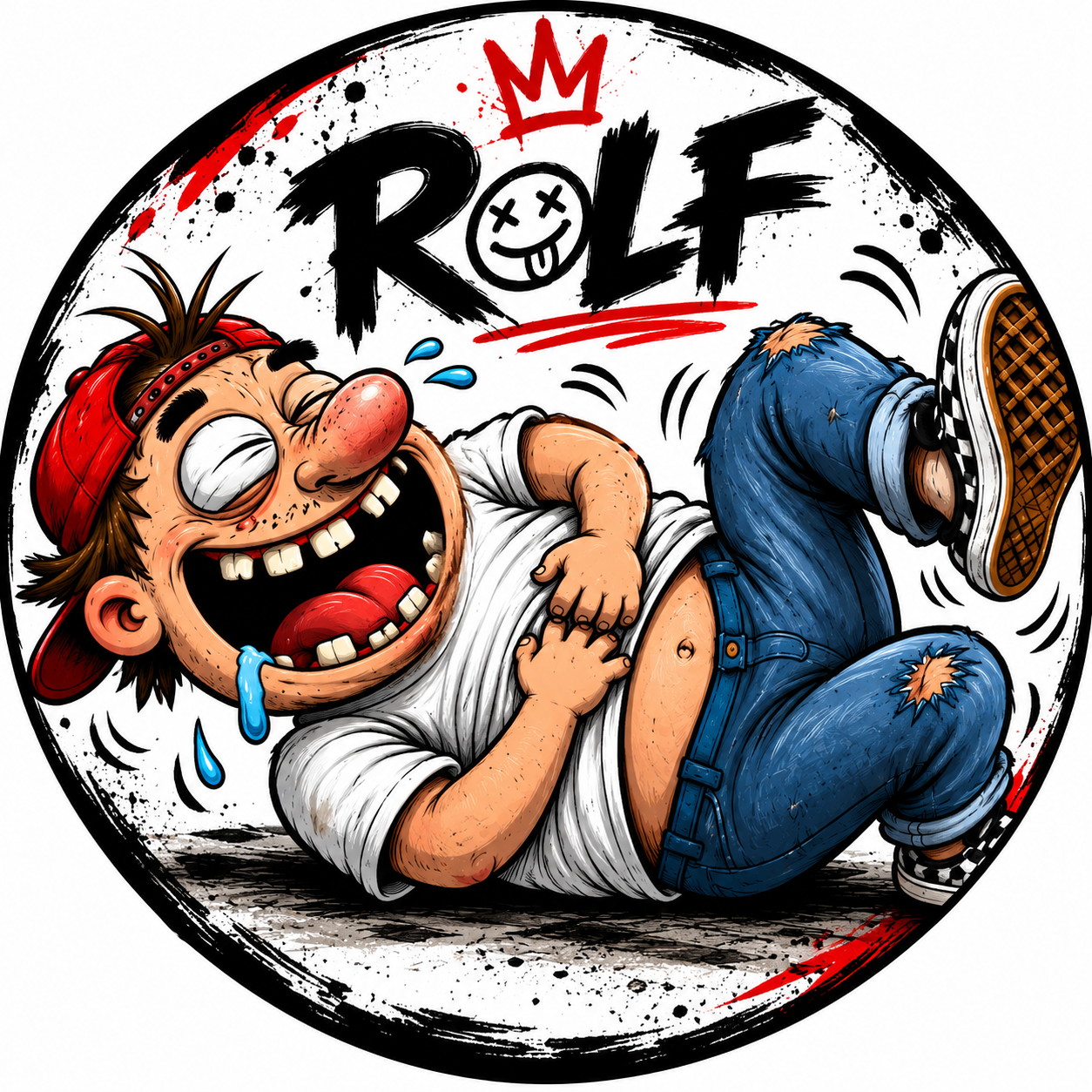 ROLF mascot rolling on the floor laughing